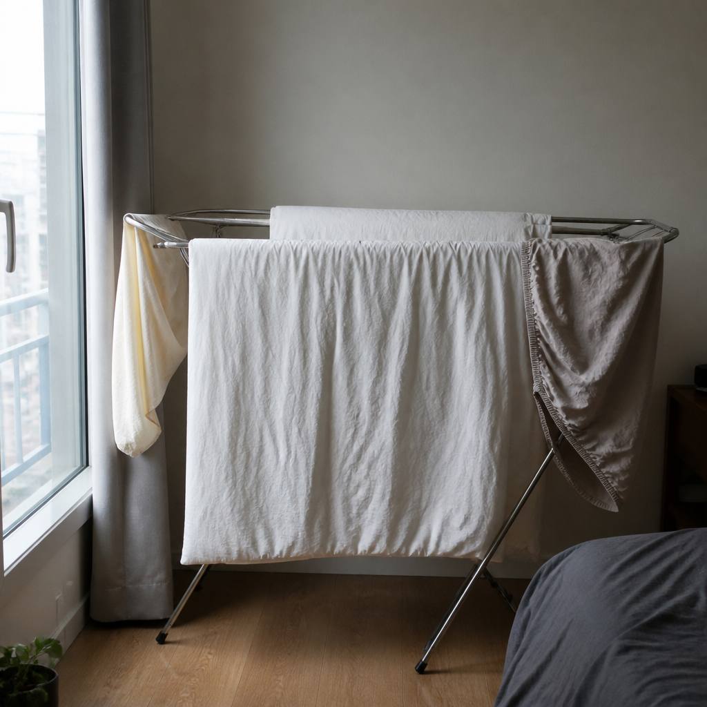 晴れた日の室内で寝具を部屋干ししている様子
