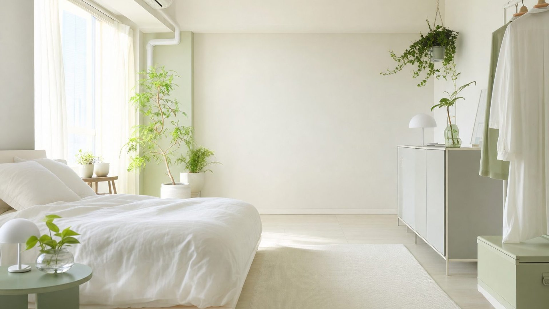 白いベッドリネンと観葉植物のある明るいワンルーム