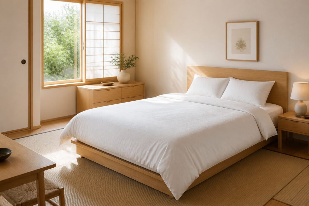 白い寝具を整えた明るい寝室と朝の光