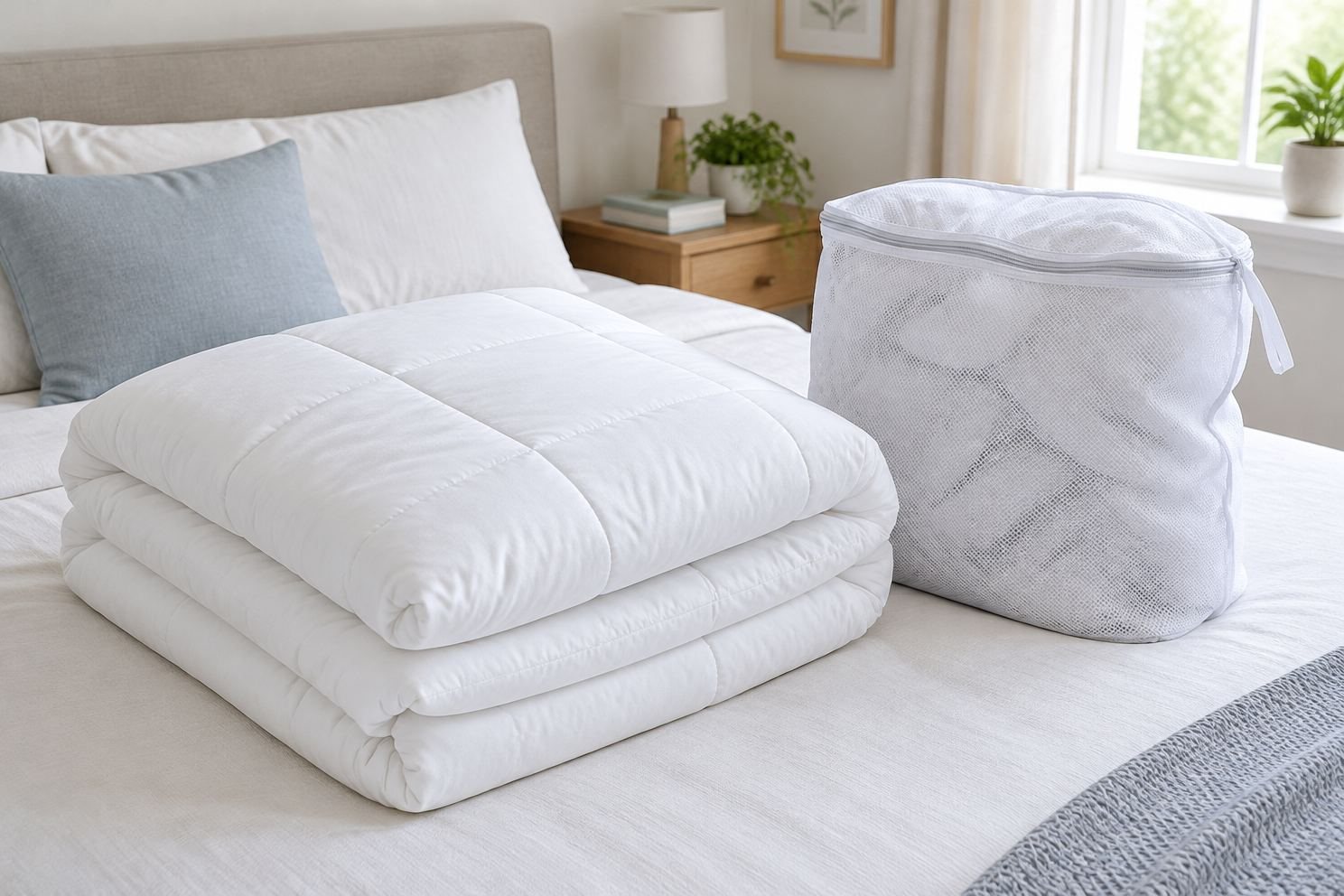 ベッドにたたんだ白い掛け布団と洗濯ネット