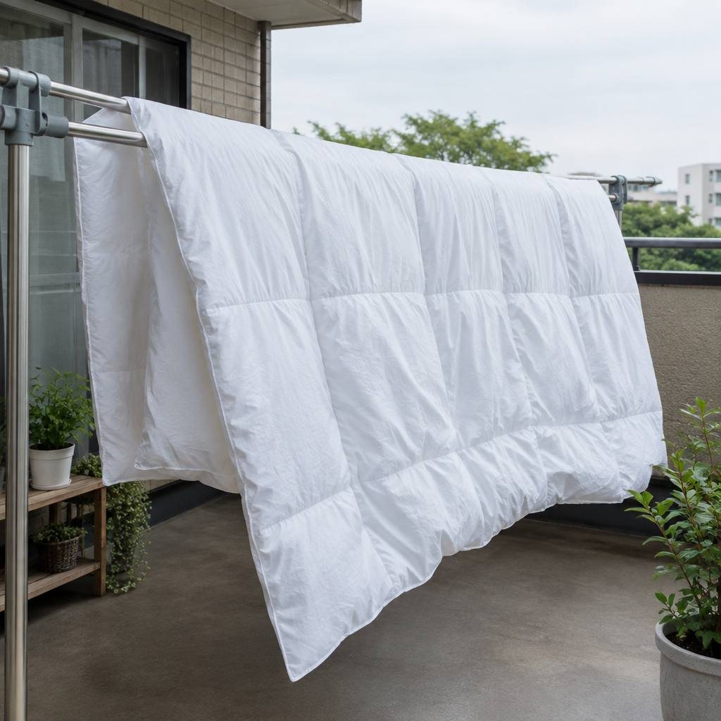 ベランダの物干しに広げて干した白い掛け布団